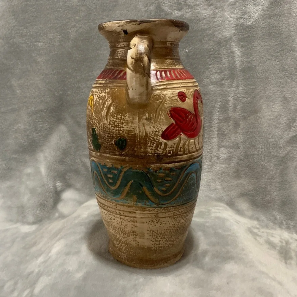 Vintage Style Faux Pottery Plastic Decorative Vase Bird Motif Tan Multi